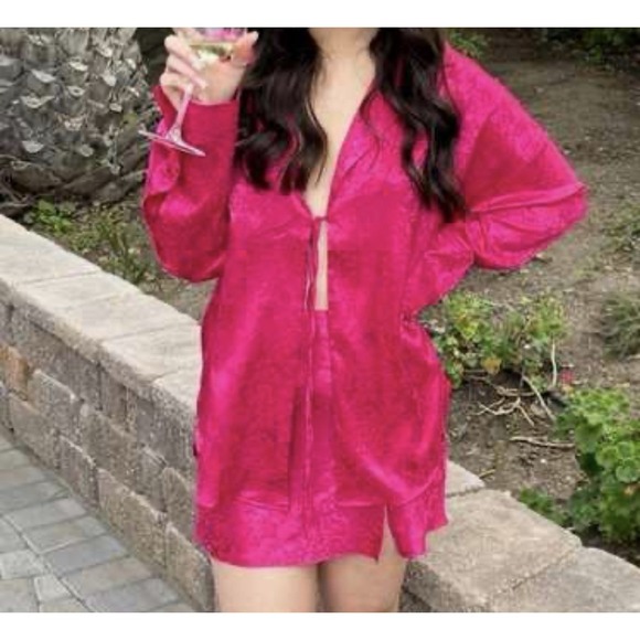 12th Tribe Fuchsia Floral Jacquard Tie-Front Blouse & Mini Skirt Set Size XS & S